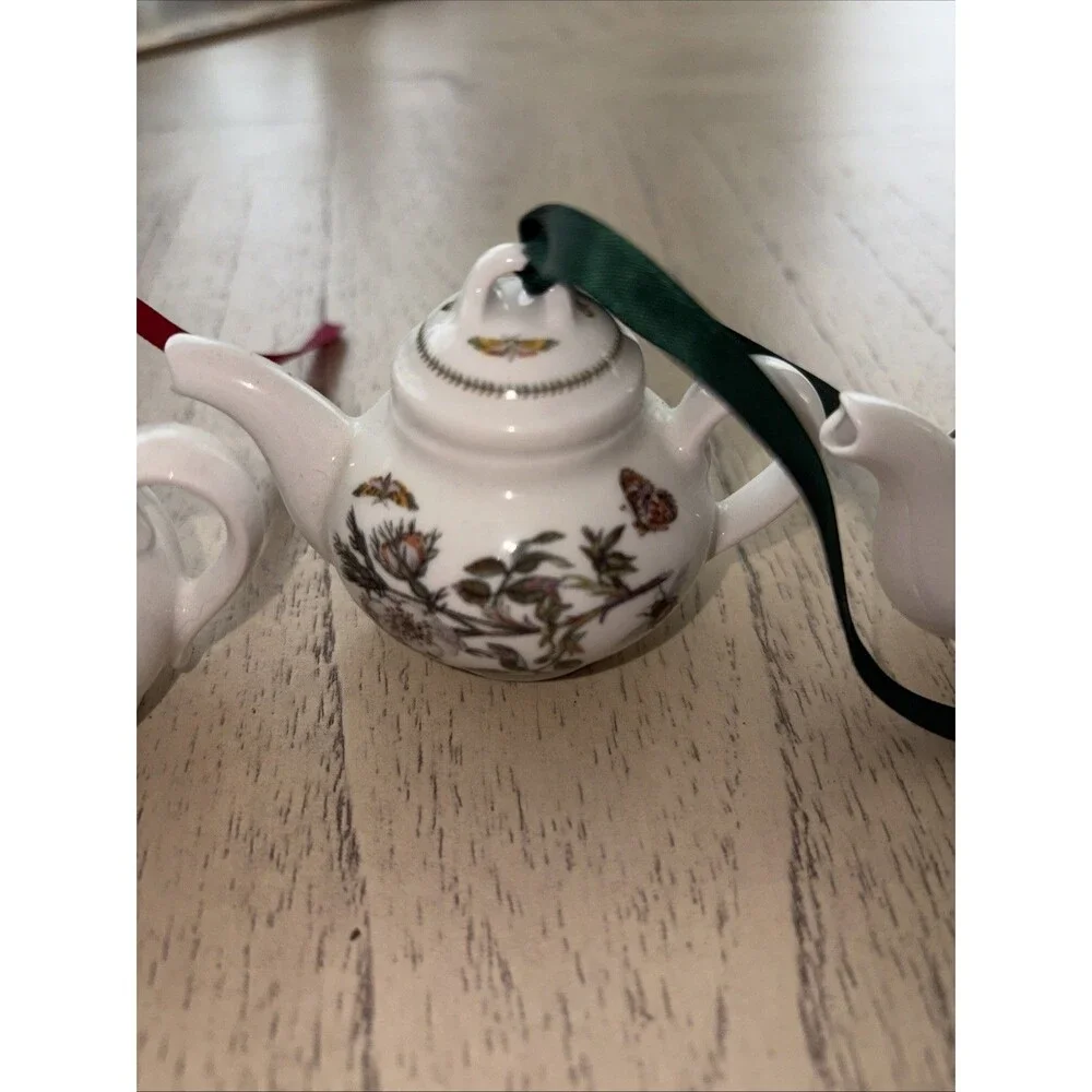 3 Portmeirion Pomona Mini Teapot Ornaments Morning Apple & Dog Rose, Ivy/Holly